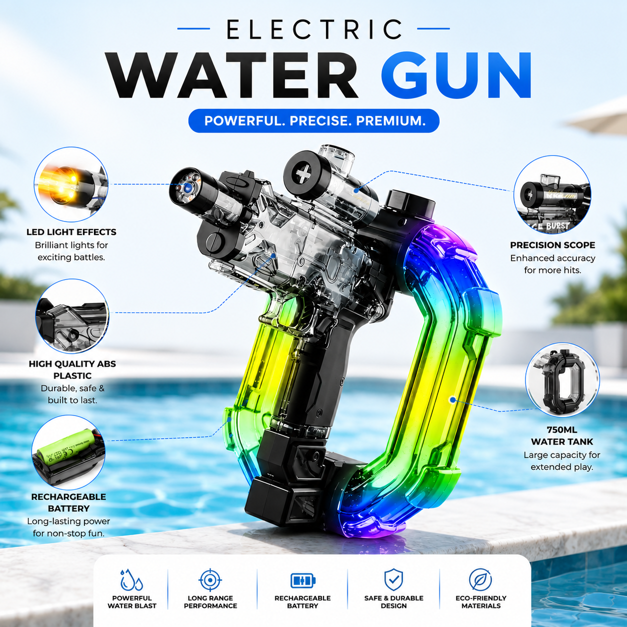 Detailed AquaStrike features: LED, scope, ABS plastic, battery, 750ml tank